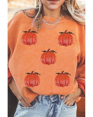 Azura Exchange Feestelijke Corduroy Sweatshirt Met Pompoenaccenten Casual Pullover Top - Oranje