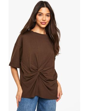 Boohoo Gathered Front Twist T-Shirt - Brown