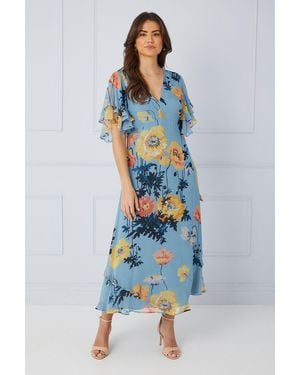 Wallis Floral Ruffle Sleeve Bias Midaxi Dress - Blue