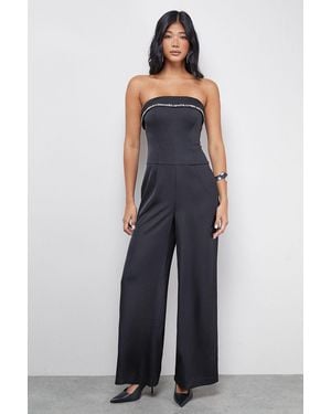 Warehouse Gem Embellished Satin Bandeau Jumpsuit - Blue
