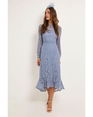 Wallis Lace High Neck Ruffle Midi Dress - Blue