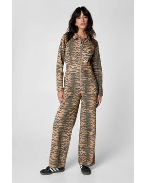 Nasty Gal Tiger Print Denim Jumpsuit - Natural