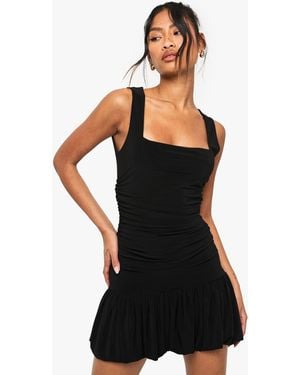 Boohoo Slinky Square Neck Ruched Detail Pleated Mini Dress - Black