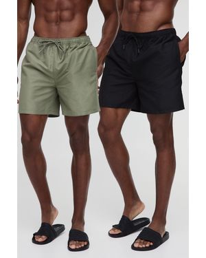 BoohooMAN 2 Pack Mid Length Swim Shorts In Black And Khaki - Green