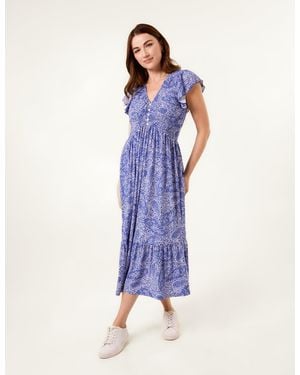 Blue Vanilla Frill Sleeve V Neck Button Front Midi Dress - Blue