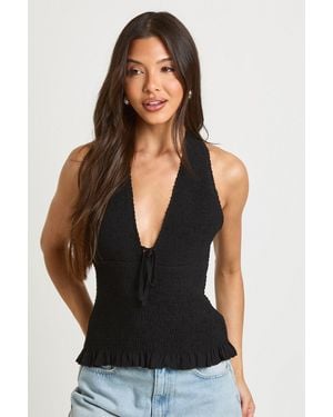 Boohoo Tie Front Shirred Halterneck Top - Black