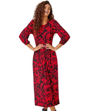 Roman Paisley Print Pocket Midi Stretch Dress - Red