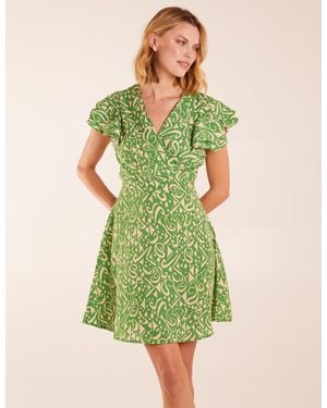 Blue Vanilla Aztec Wrap Ruffle Frill Sleeve Mini Dress - Green