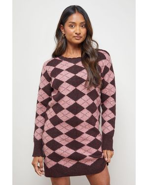 Oasis Argyle Scallop Neck Knitted Mini Dress - Red