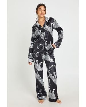 Boohoo Satin Leopard Print Piping Detail Long Sleeve & Trouser Pyjama Set - Blue