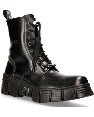 New Rock Boots Leather Ankle Tower Biker Boots-M-Wall026N-C5 - Black