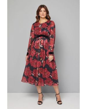 Wallis Floral Contrast Velvet Midi Dress - Red
