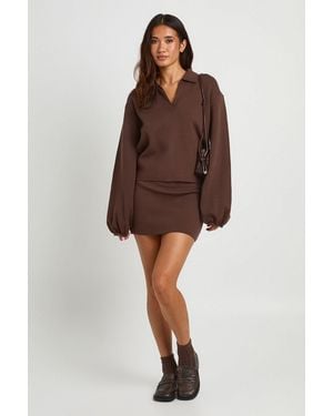 Boohoo Collared Knitted Jumper And Mini Skirt Co-Ord - Brown