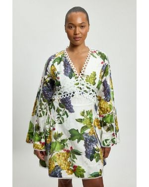 Karen Millen Plus Size Fruit Print Tape Detail Long Sleeve Woven Mini Dress - Green