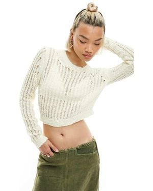 Noisy May Crew Neck Cropped Open Knit Top - White