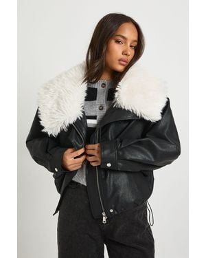 Boohoo Fur Collar Short Pu Jacket - Black