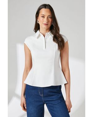 PRINCIPLES Ivory Collared Ponte Peplum Shirt - White