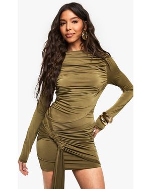 Boohoo Slinky Ruched Front Long Sleeve Top - Green