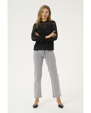 Cream Blouse With Long Sleeve Straight Fit - Black