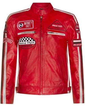 Infinity Leather Zipped Racing Biker Moto Jacket - Red
