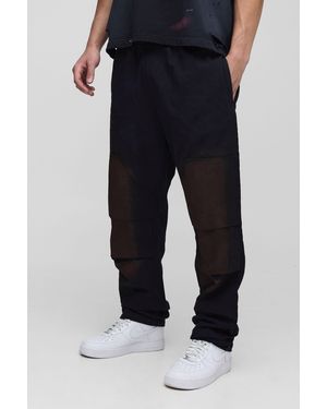 BoohooMAN Elasticated Waist Straight Stacked Spray Wash Twill Carpenter Trousers - Blue