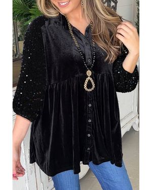 Azura Exchange Zwarte Pailletten Puff Sleeve Knoop Velours Peplum Shirt