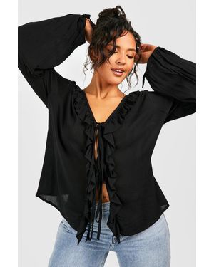 Boohoo Plus Ruffle Front Cheesecloth Top - Black