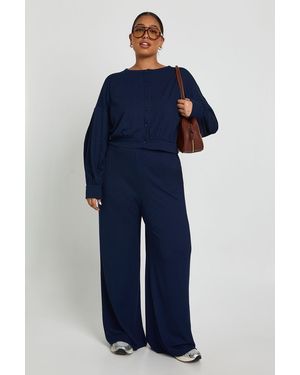 Boohoo Plus Ribbed Button Down Cardigan And Wide Leg Trouser - Blue