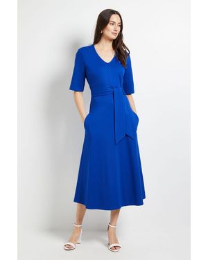 PRINCIPLES V Neck Belted Ponte Midi Dress - Blue
