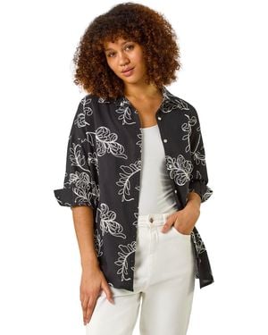 Roman Embroidered Floral Cotton Shirt - Black