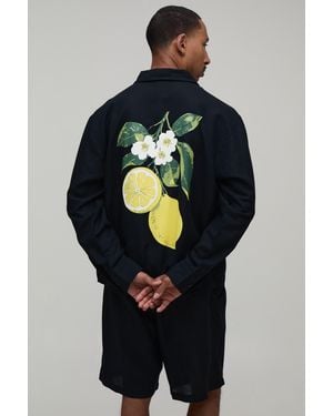 BoohooMAN Lemon Back Print Oversized Linen Blend Shirt & Short Set - Blue