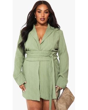 Boohoo Plus Textured Tailored Belt Detail Blazer Dress - Green