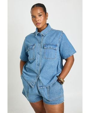 Boohoo Plus Button Down Pocket Denim Shirt - Blue