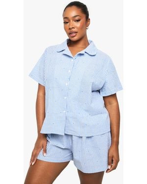 Boohoo Plus Seersucker Stripe Heart Print Shirt And Short Pyjama Set - White