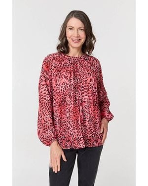 Izabel London Animal Print Long Sleeve Tunic Blouse - Red