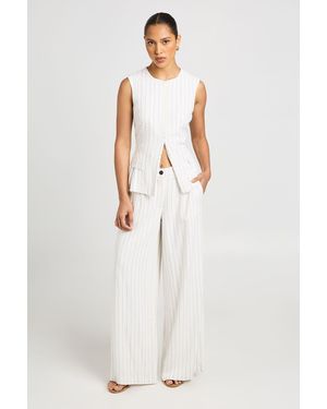Boohoo Stripe Linen Look Pleated Wide Leg Tailored Trousers - White