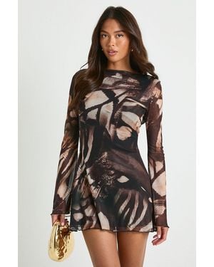 Boohoo Abstract Mesh Flare Sleeve Mini Dress - Black