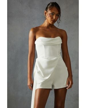 MissPap Satin Draped Bow Playsuit - White