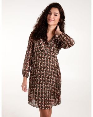 Blue Vanilla Geometric Print Wrap Front Pleated Dress - Brown