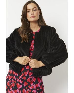 Jayley Cashmer Efect Cropped Faux Fur Jacket With Puff Sleeves - Black