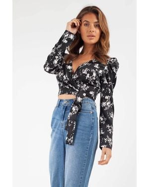 Urban Bliss Mono Floral Satin Wrap Top - Blue