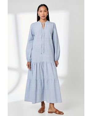 PRINCIPLES Stripe Tie Front Blouson Sleeve Maxi Dress Cotton - Blue