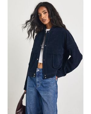 Boohoo Boxy Suede Bomber Jacket - Blue