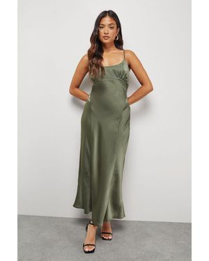 Warehouse Petite Satin Tie Bust Seam Strappy Midi Slip Dress - Green