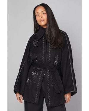 Wallis Embroidered Cape Coat - Black