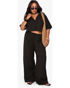 Boohoo Plus Linen Longline Crop Shirt & Trouser Co Ord - Black
