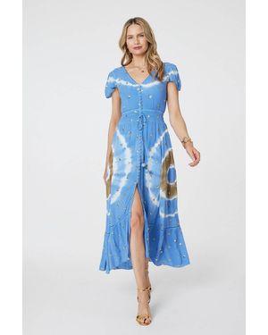 Izabel London Tie Dye Print Shirred Tie Waist Midi Dress - Blue