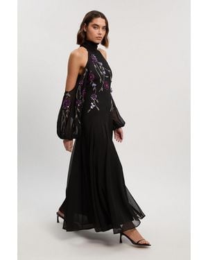 Karen Millen Cold Shoulder 3D Floral Applique Woven Maxi Dress - Black