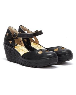 Fly London Yuna Leather Wedge Sandals - Black
