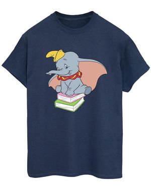 Disney Ladies Dumbo Sitting On Books Cotton Boyfriend T-Shirt - Blue